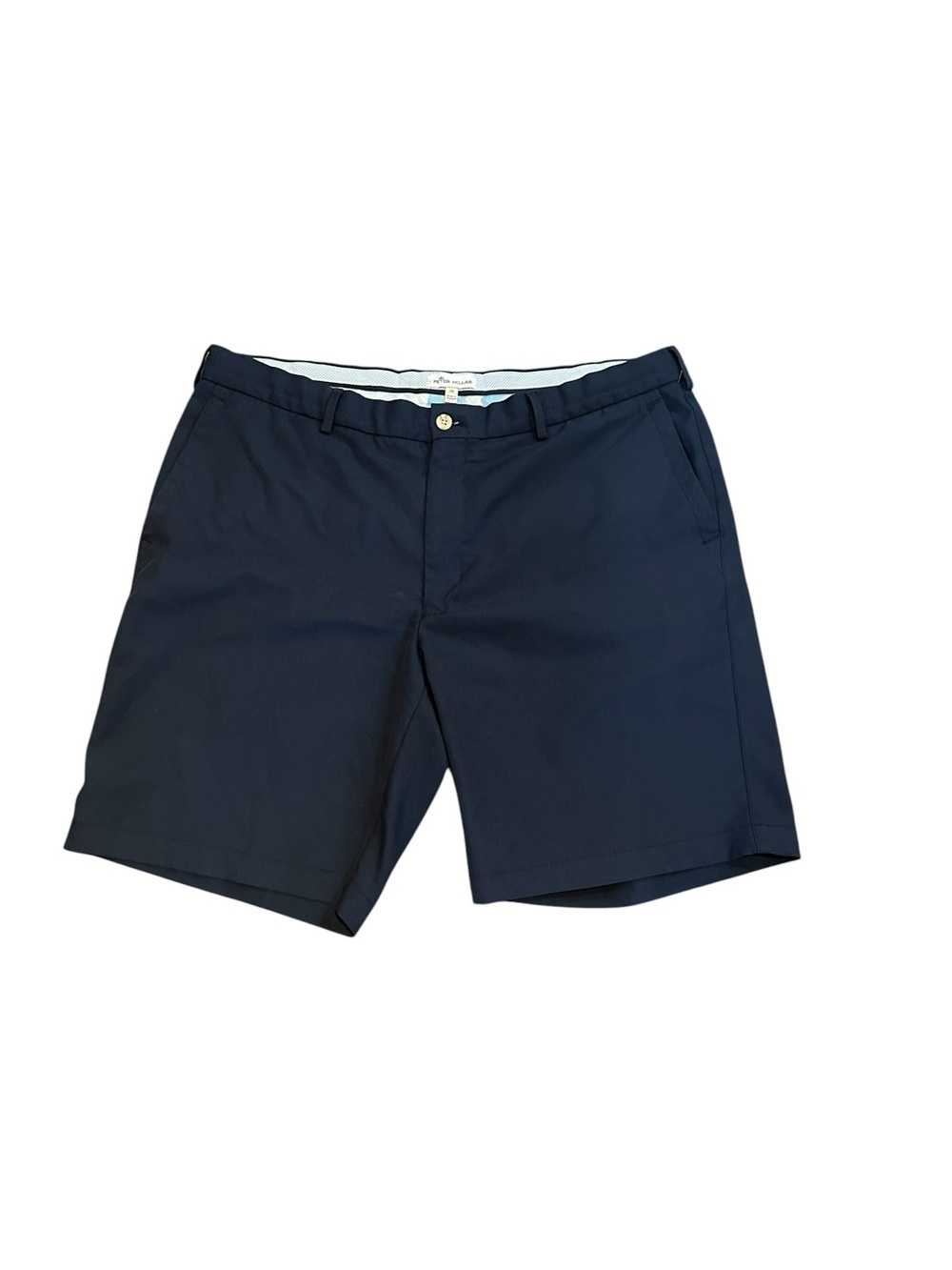 Peter Millar Golf Flat Front Shorts Navy Blue Sz 38 8”Inseam Mens Zipper